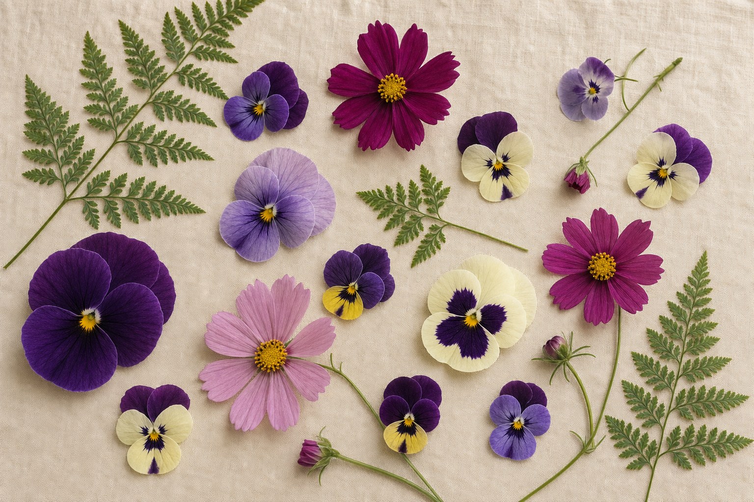 Fresh pansies, cosmos, and fern fronds arranged on cream linen