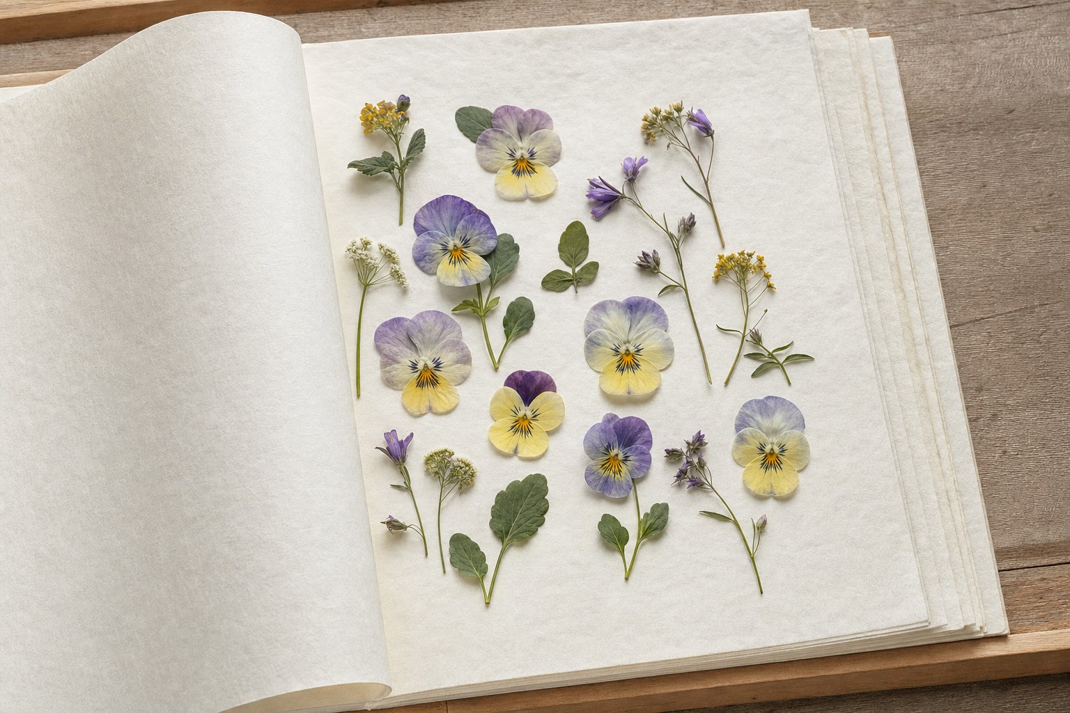 Fresh small flowers arranged between sheets of absorbent paper