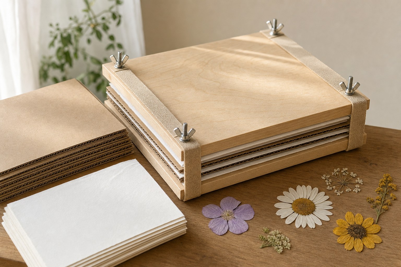 Wooden flower press with layers of paper and cardboard on a worktable