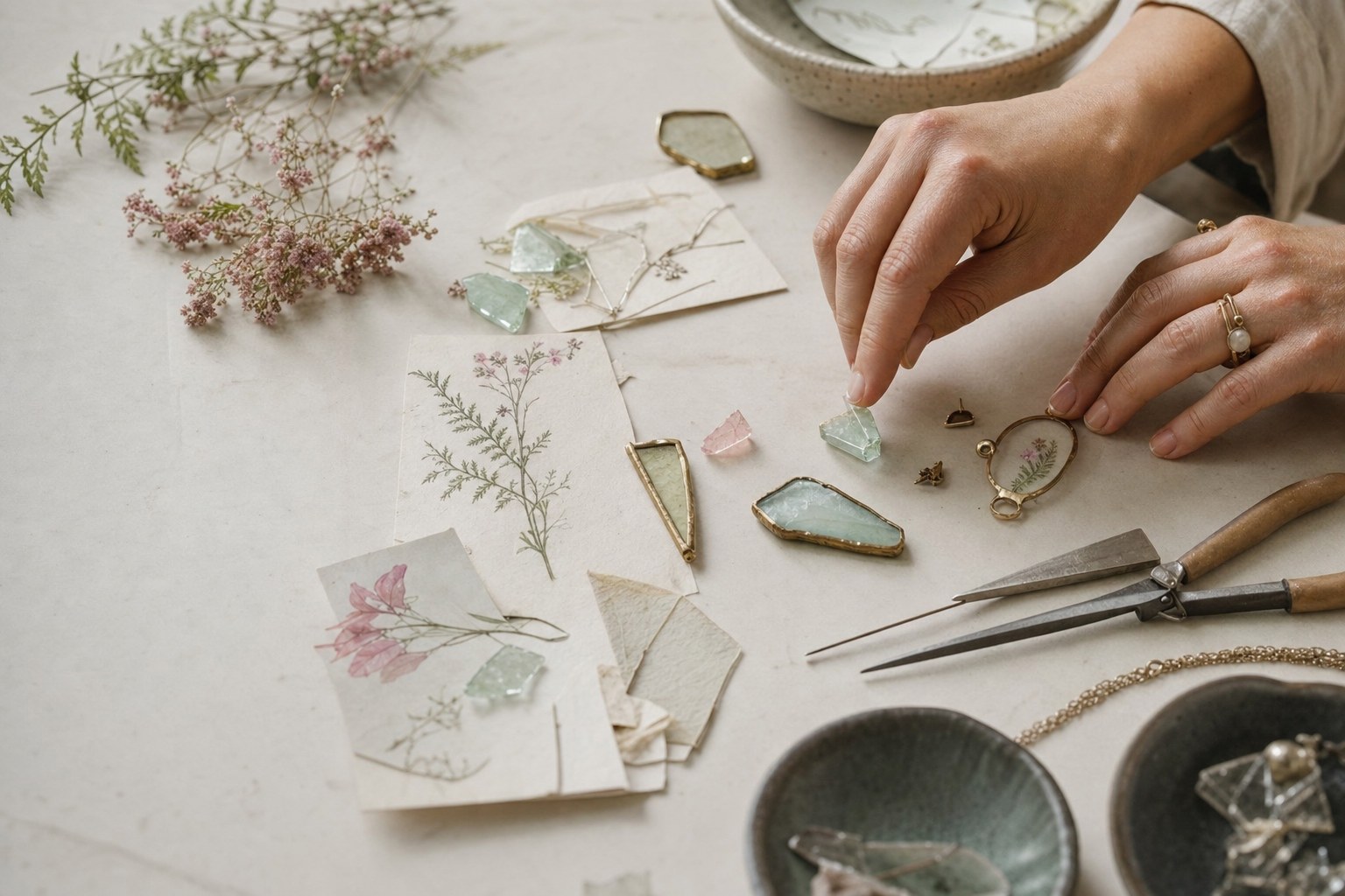 Illustrative hands arranging botanical sketches and colored glass at a worktable