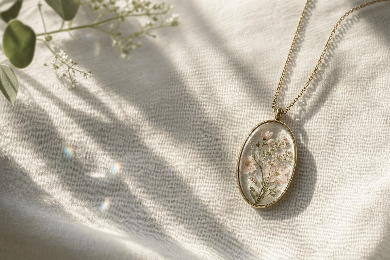 Botanical pendant in warm sunlight