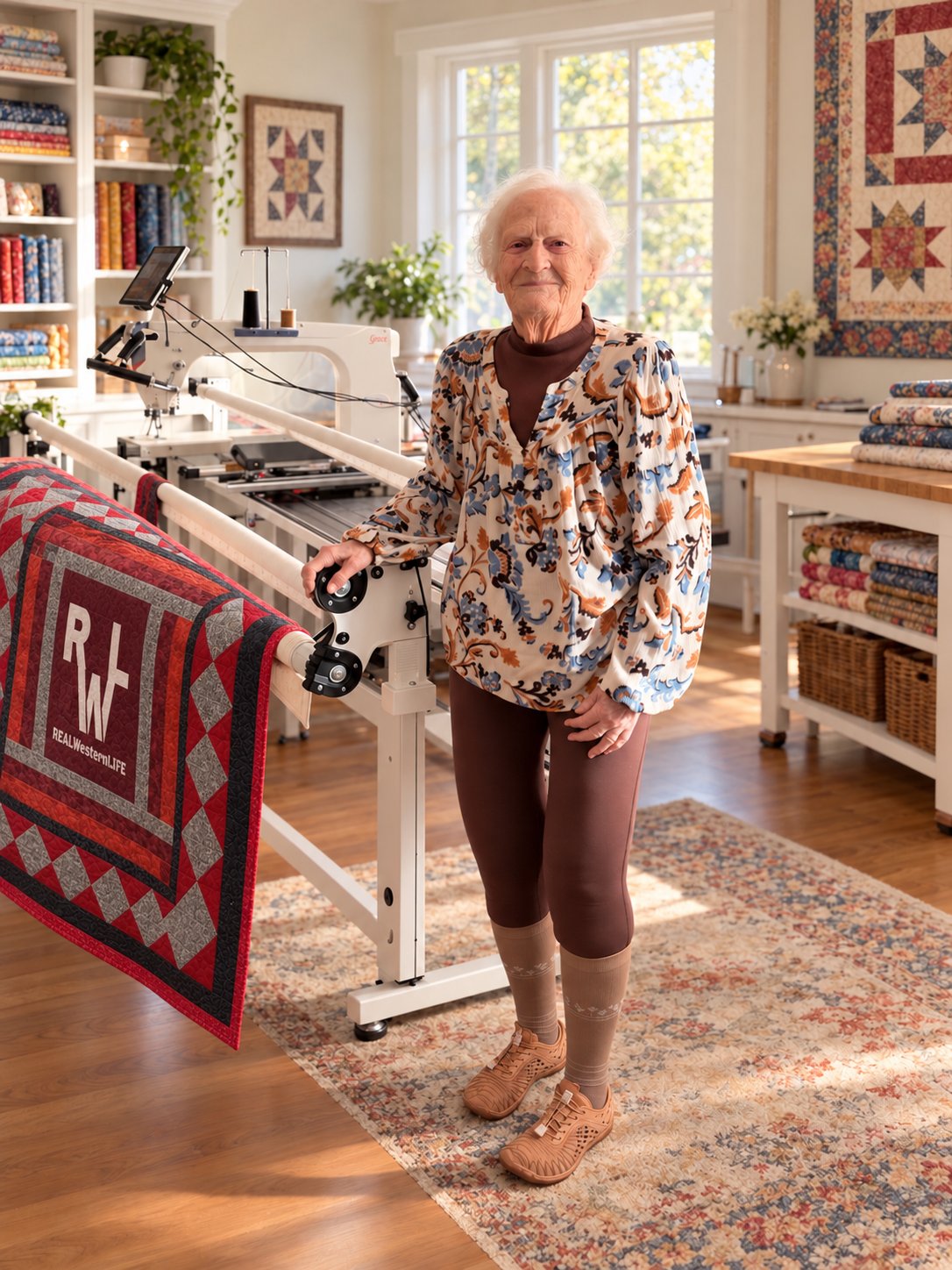 Quilter beside a longarm quilting machine and an RWL quilt in a sunlit studio