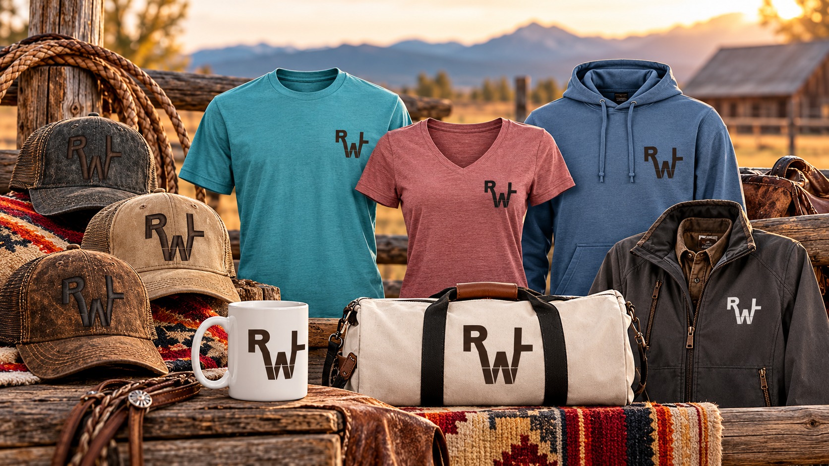 Real Western Life hats, shirts, outerwear, mug, and travel bag displayed against a Western ranch backdrop