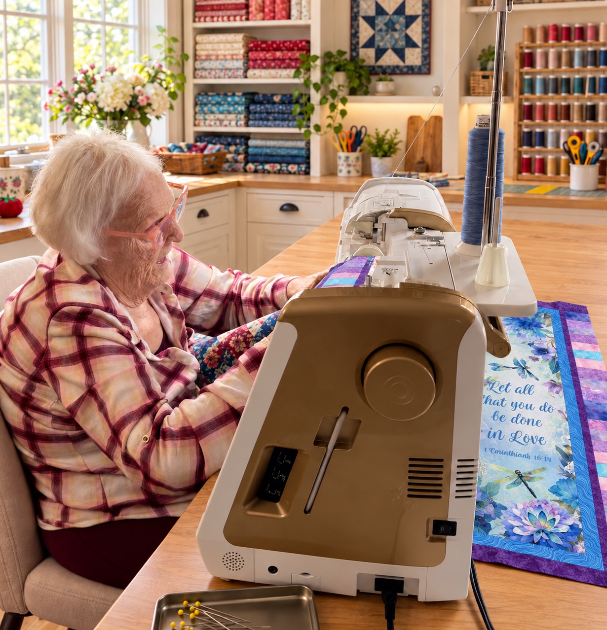 Quilter sewing a floral dragonfly quilt in a sunlit sewing room