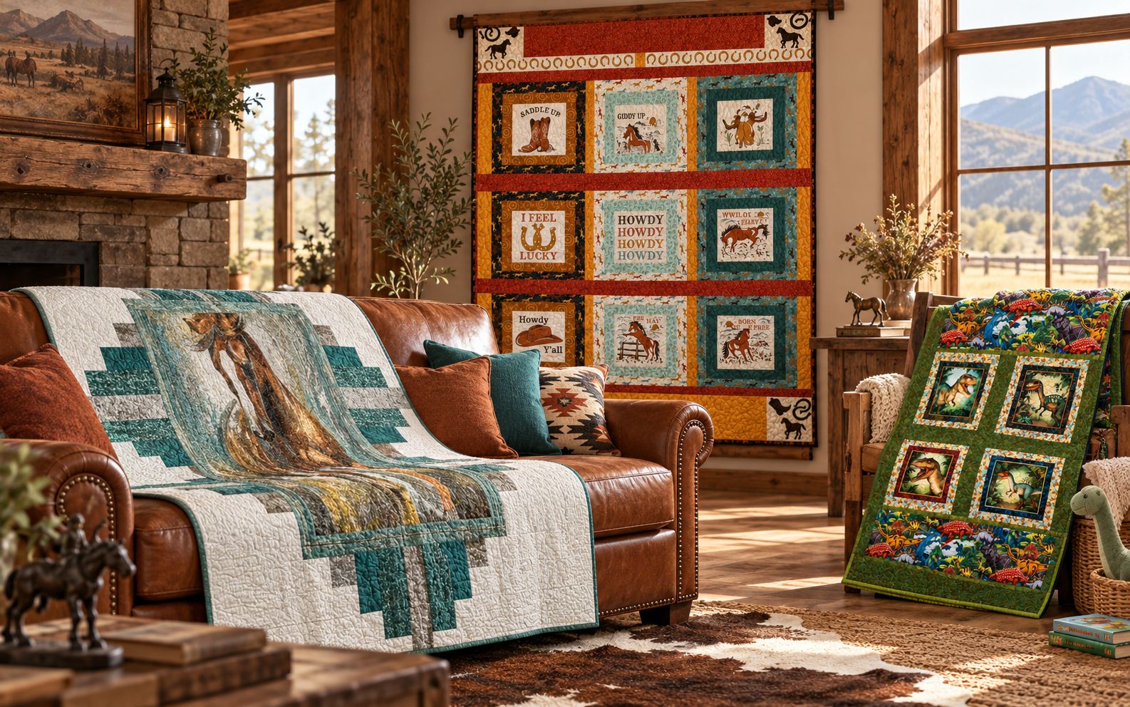 Western handmade quilts displayed on a leather sofa and chair in a rustic lodge living room