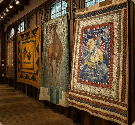 Handmade Western, horse, and patriotic quilts displayed in a wood-paneled gallery