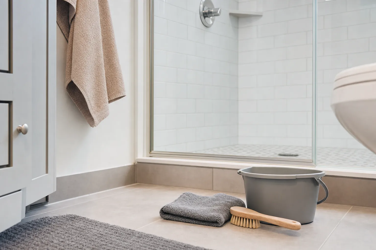 Apartment bathroom with a scrub brush, folded cloth, and bucket ready for cleaning