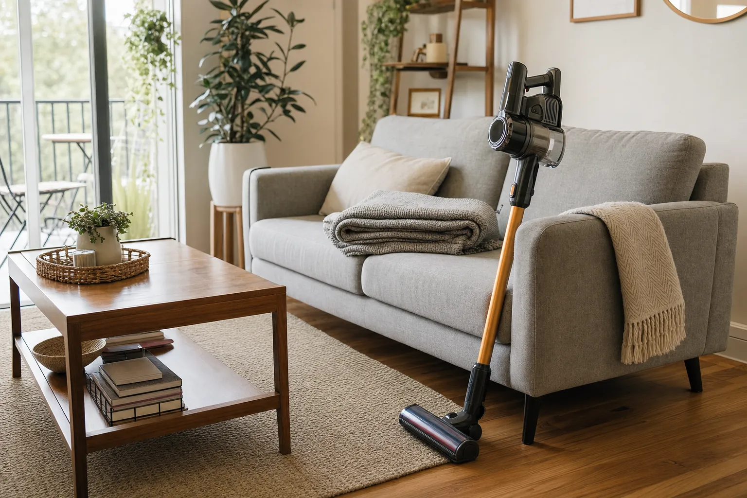 Apartment living room with a vacuum beside a sofa and folded blanket ready for cleaning
