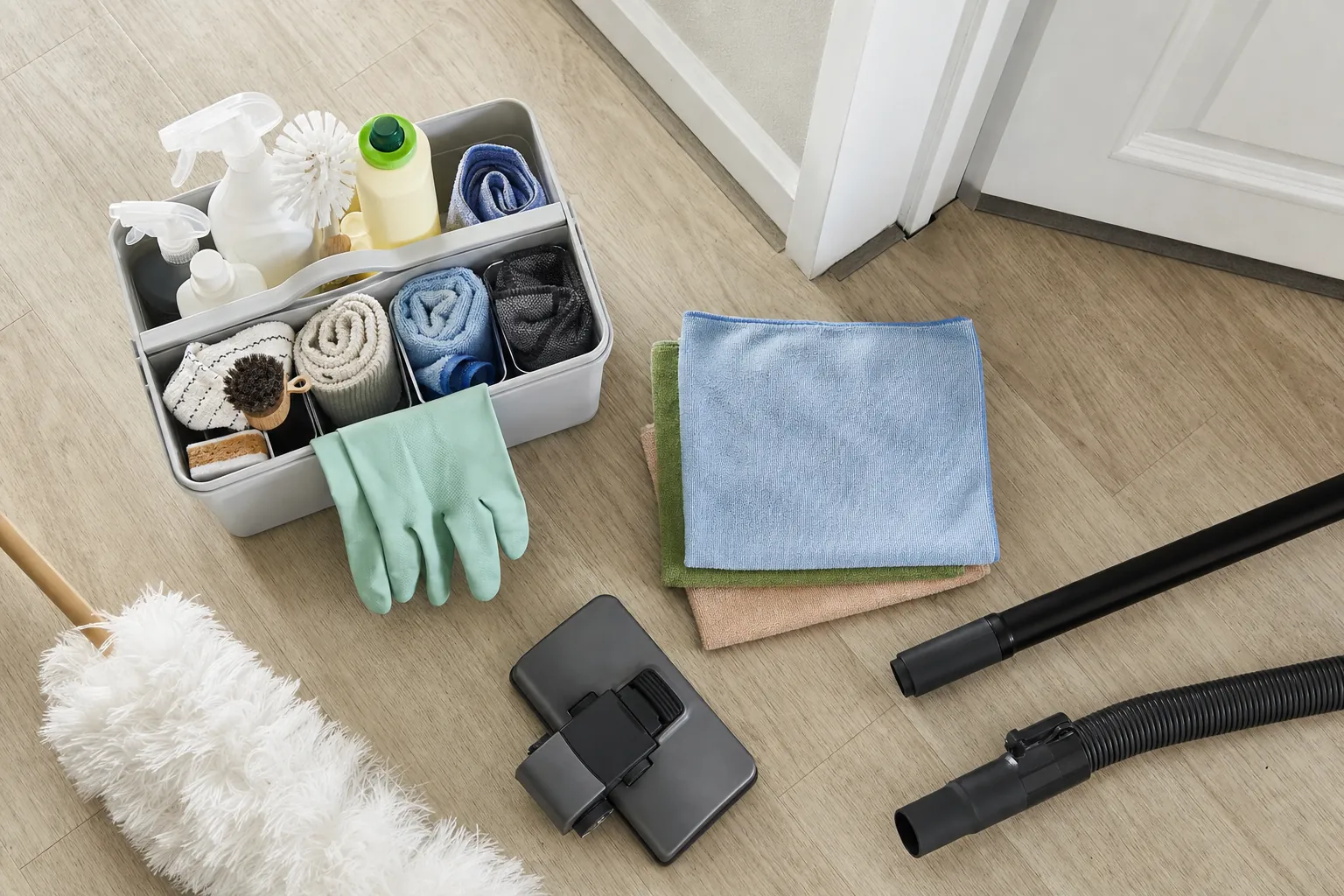 Cleaning caddy, microfiber cloths, gloves, and vacuum attachments arranged on an apartment floor