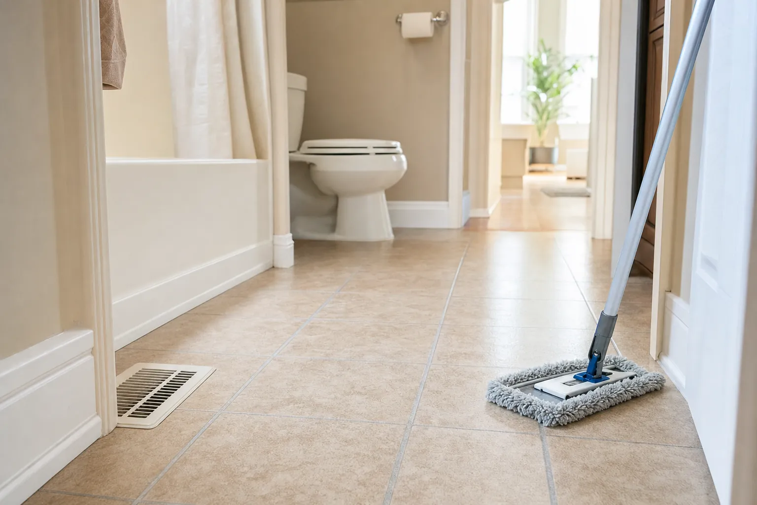 Bathroom floor with clean baseboards and a mop positioned near the doorway for the final cleaning step
