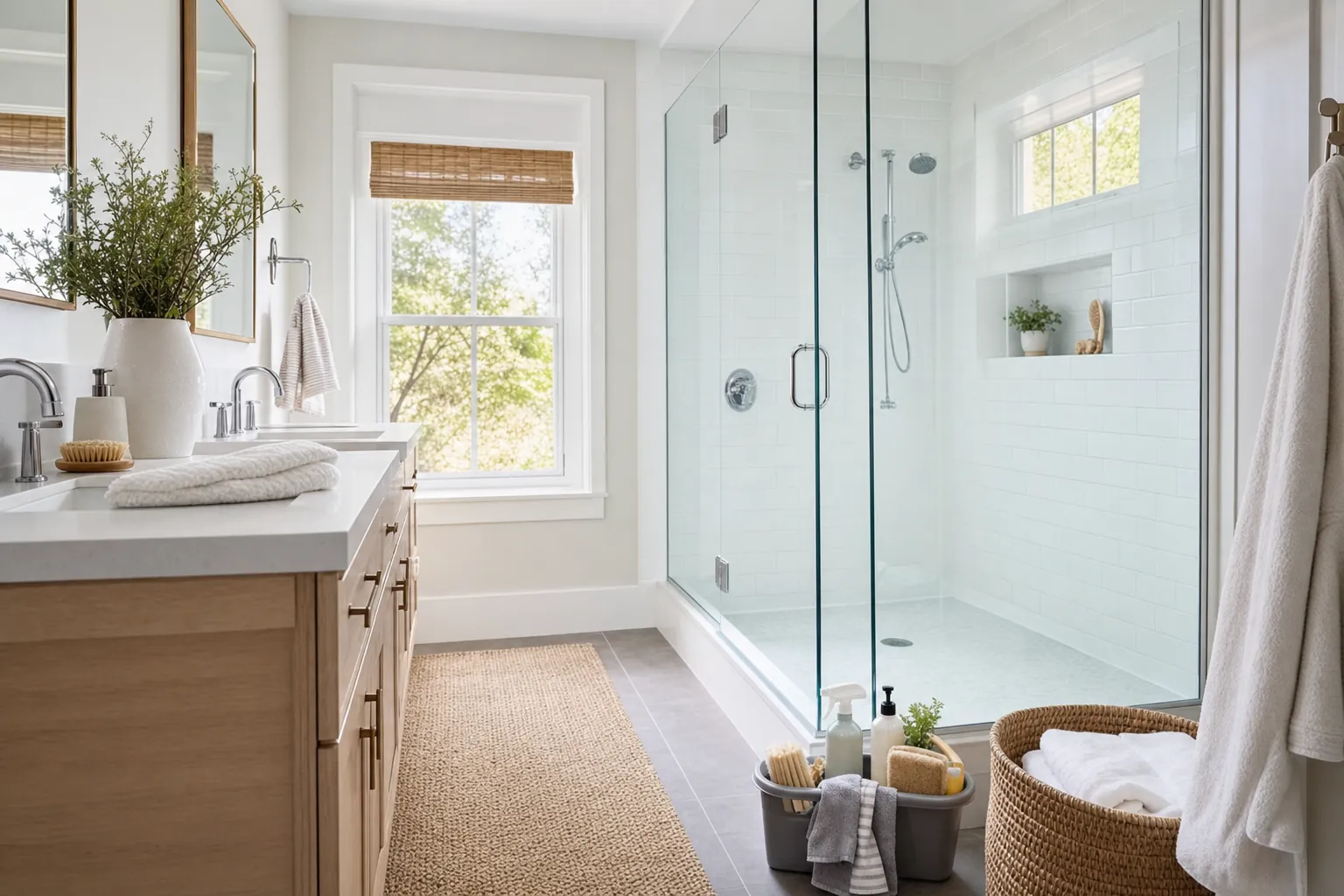Bright home bathroom with a shower, vanity, and cleaning caddy ready for a detailed reset