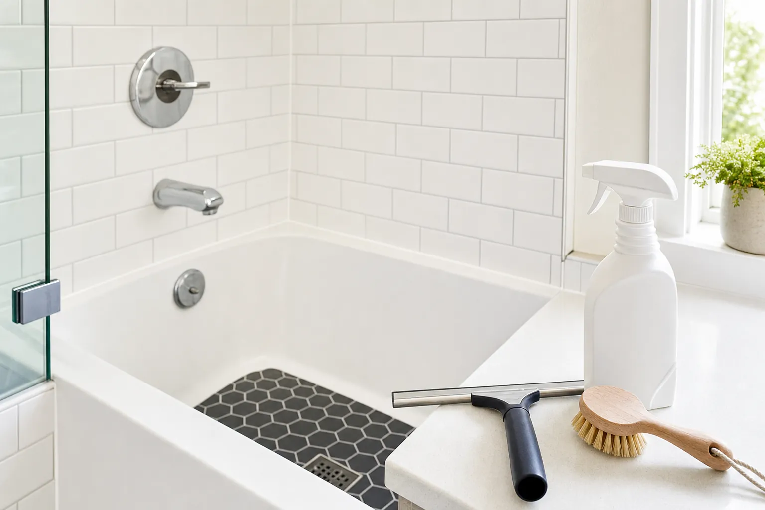 Tiled bathtub and shower with an unlabeled cleaner, squeegee, and scrub brush ready for a detailed clean