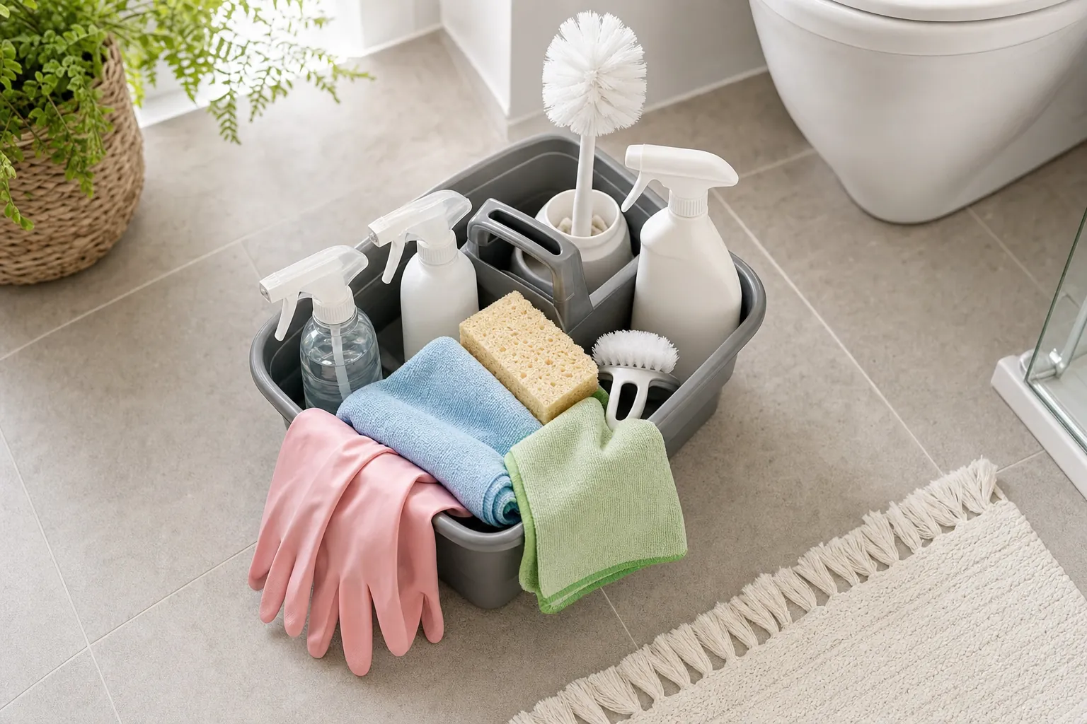 Cleaning caddy with cloths, scrub brushes, gloves, and unlabeled bottles on a bathroom tile floor