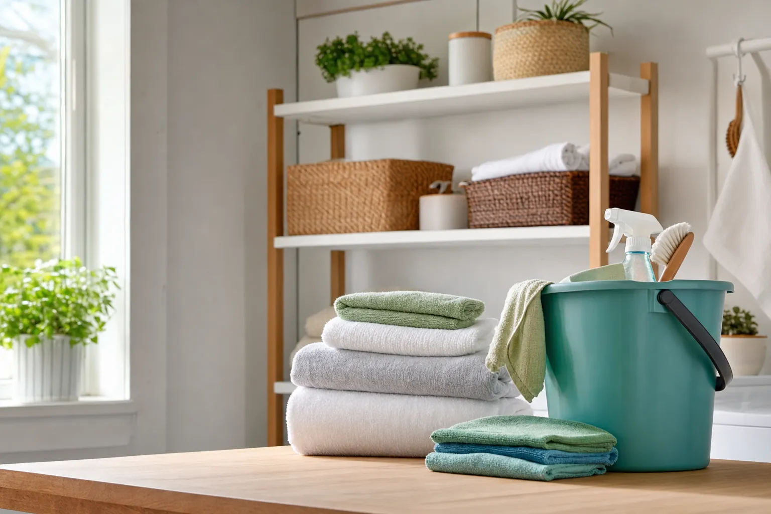 Organized cleaning supplies and folded towels in a bright home utility area