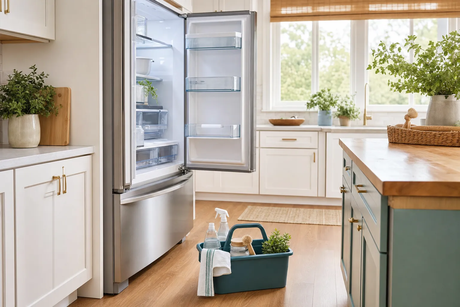Open refrigerator and cleaning caddy in a bright home kitchen