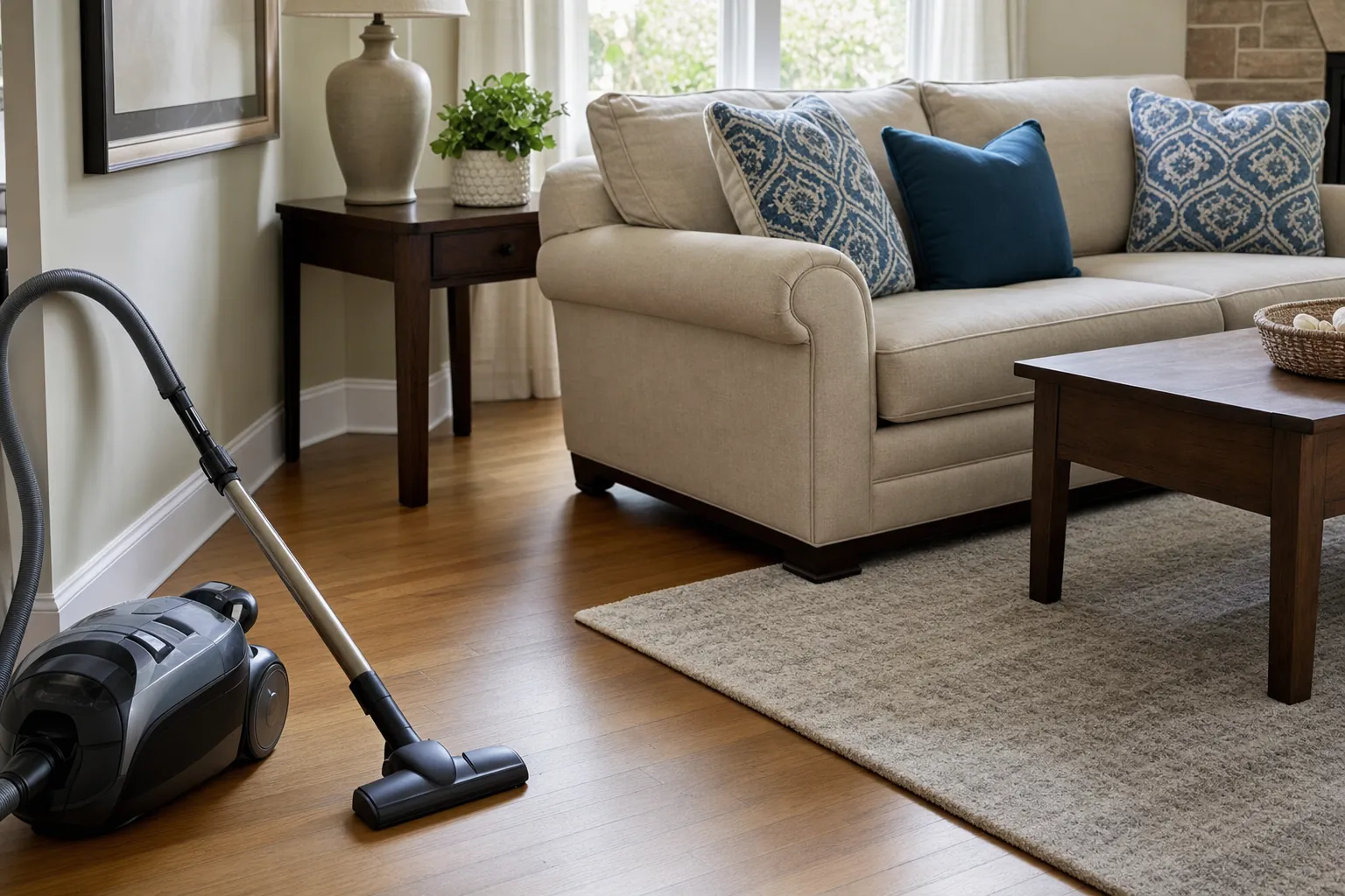 Living room with vacuum ready to clean around furniture and baseboards