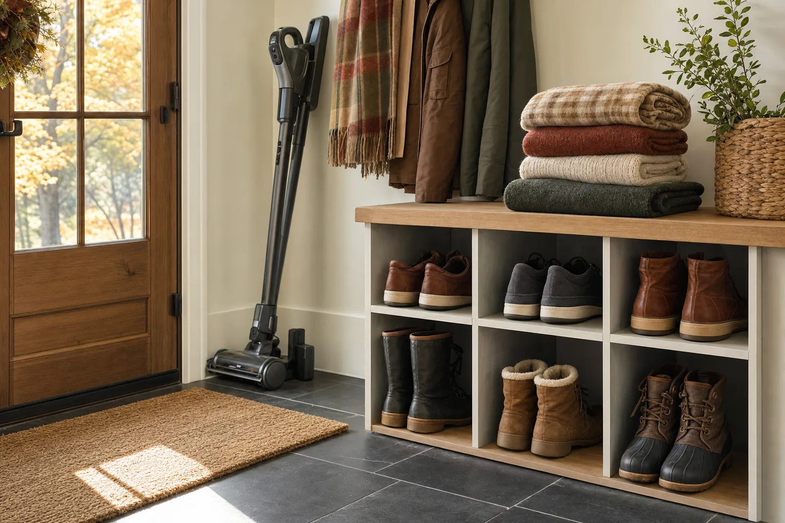 Tidy mudroom with organized shoes, folded blankets, and a vacuum ready for fall and winter cleaning