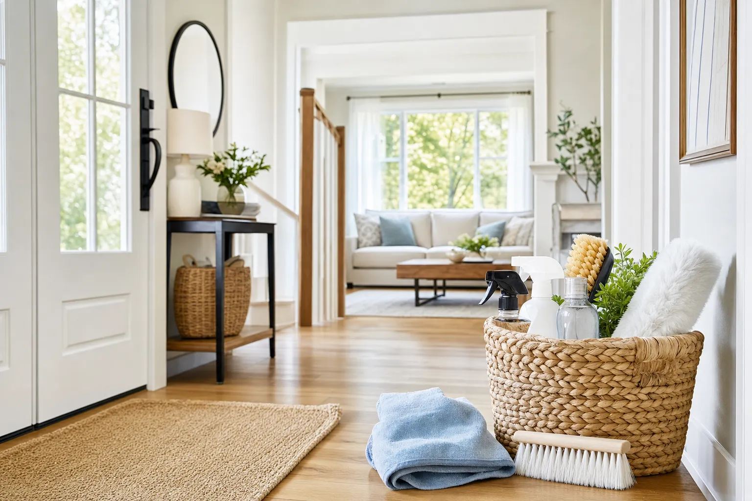 Bright home entry with a basket of cleaning supplies ready for a seasonal reset