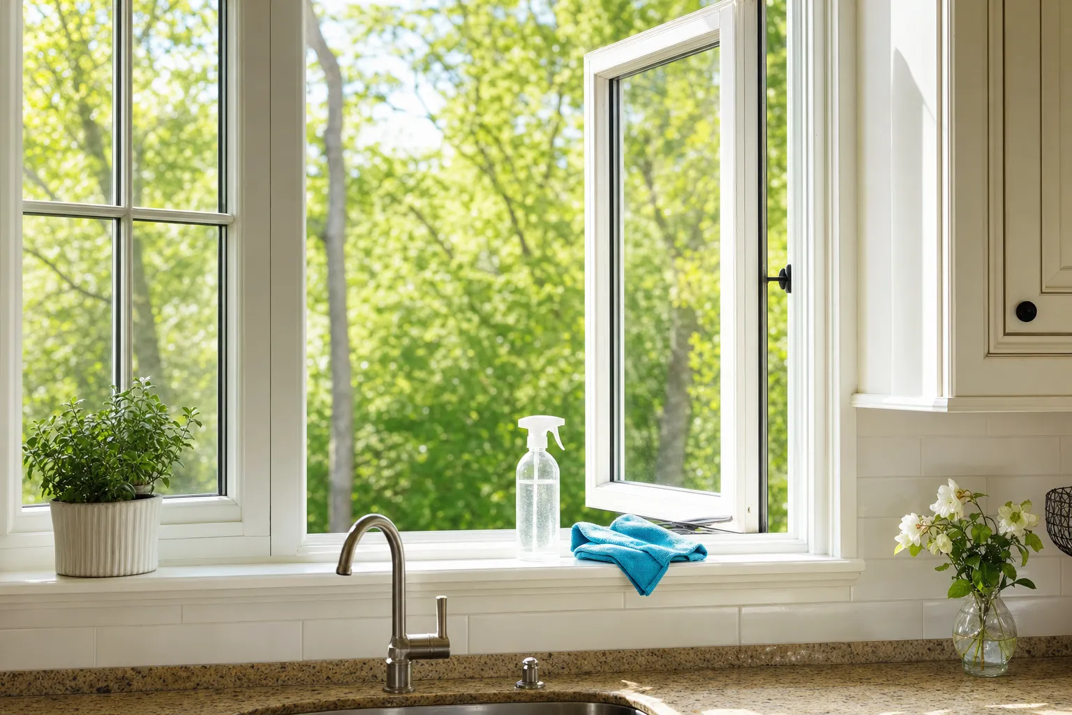 Open kitchen window with a cloth and unlabeled cleaning bottle ready for spring cleaning
