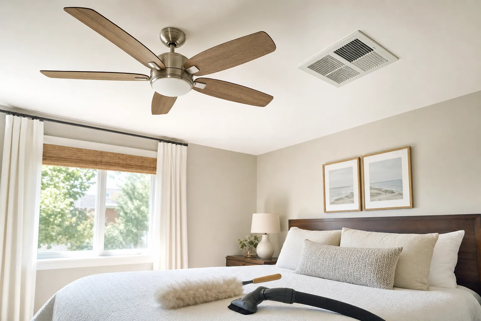 Clean ceiling fan and air vent above a tidy bedroom during a summer home reset