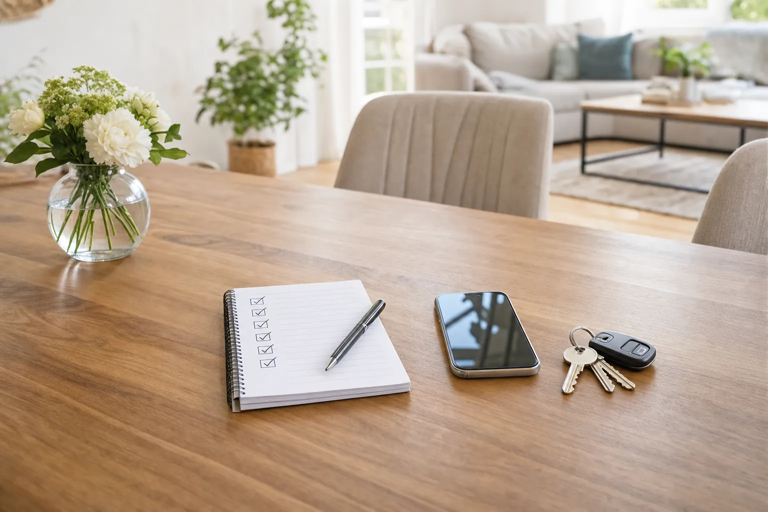 A clean table with a phone and checklist for scheduling cleaning