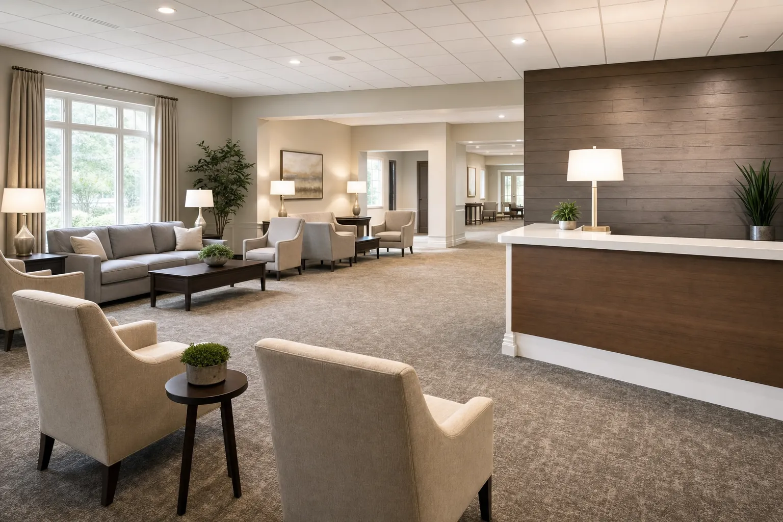 Clean, calm funeral home reception and visitation lounge