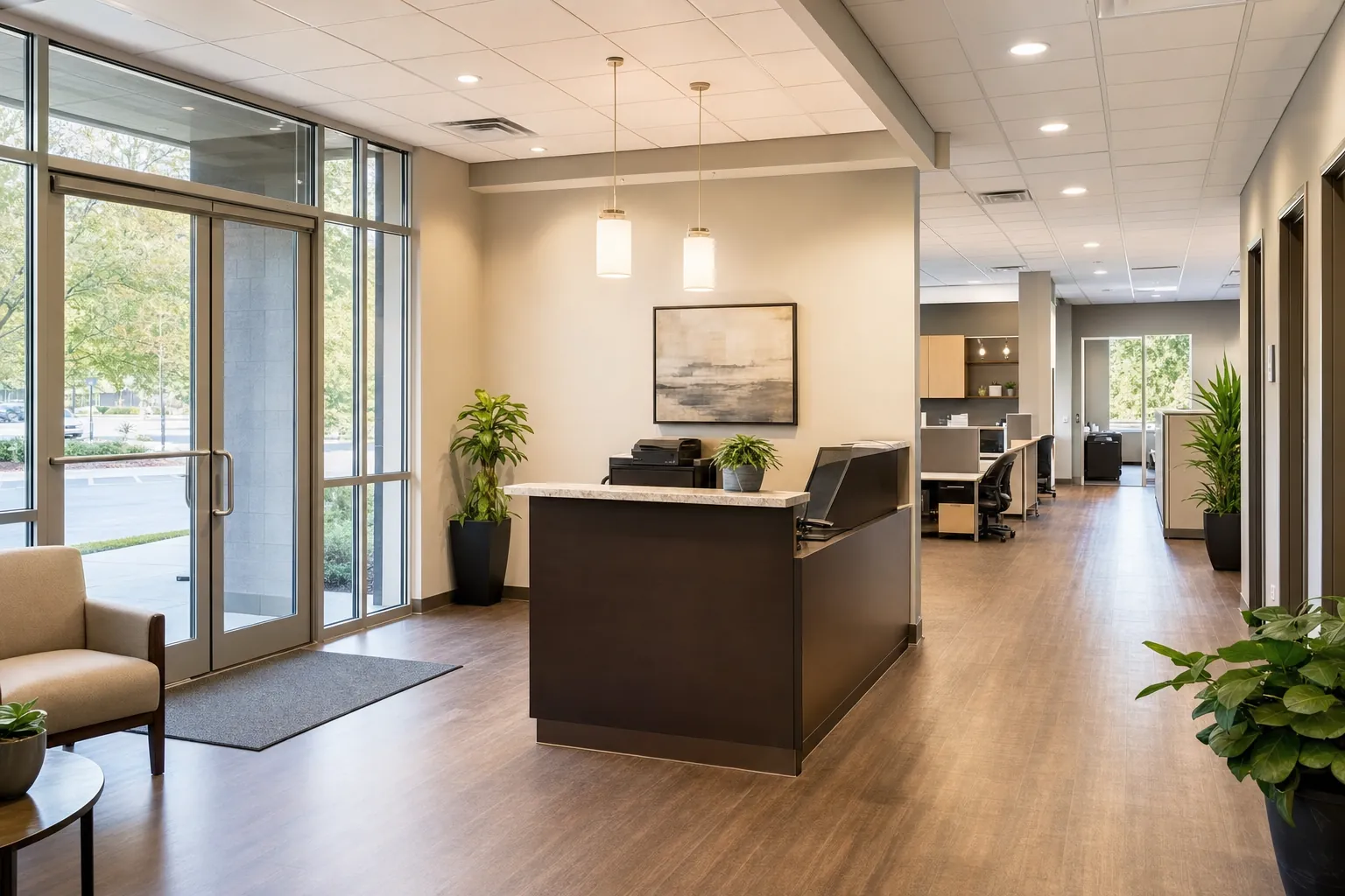 Bright, clean office reception area and workspace