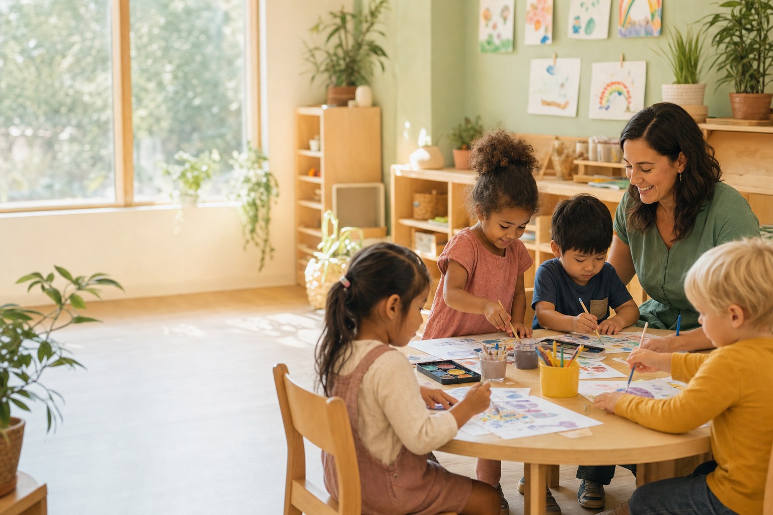 Children painting with an educator in a warm classroom