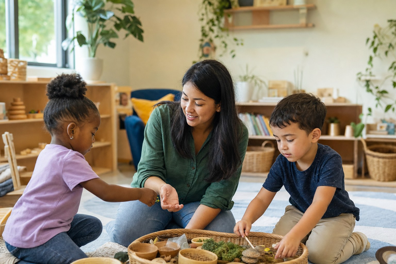 Educator encouraging children during a hands-on activity