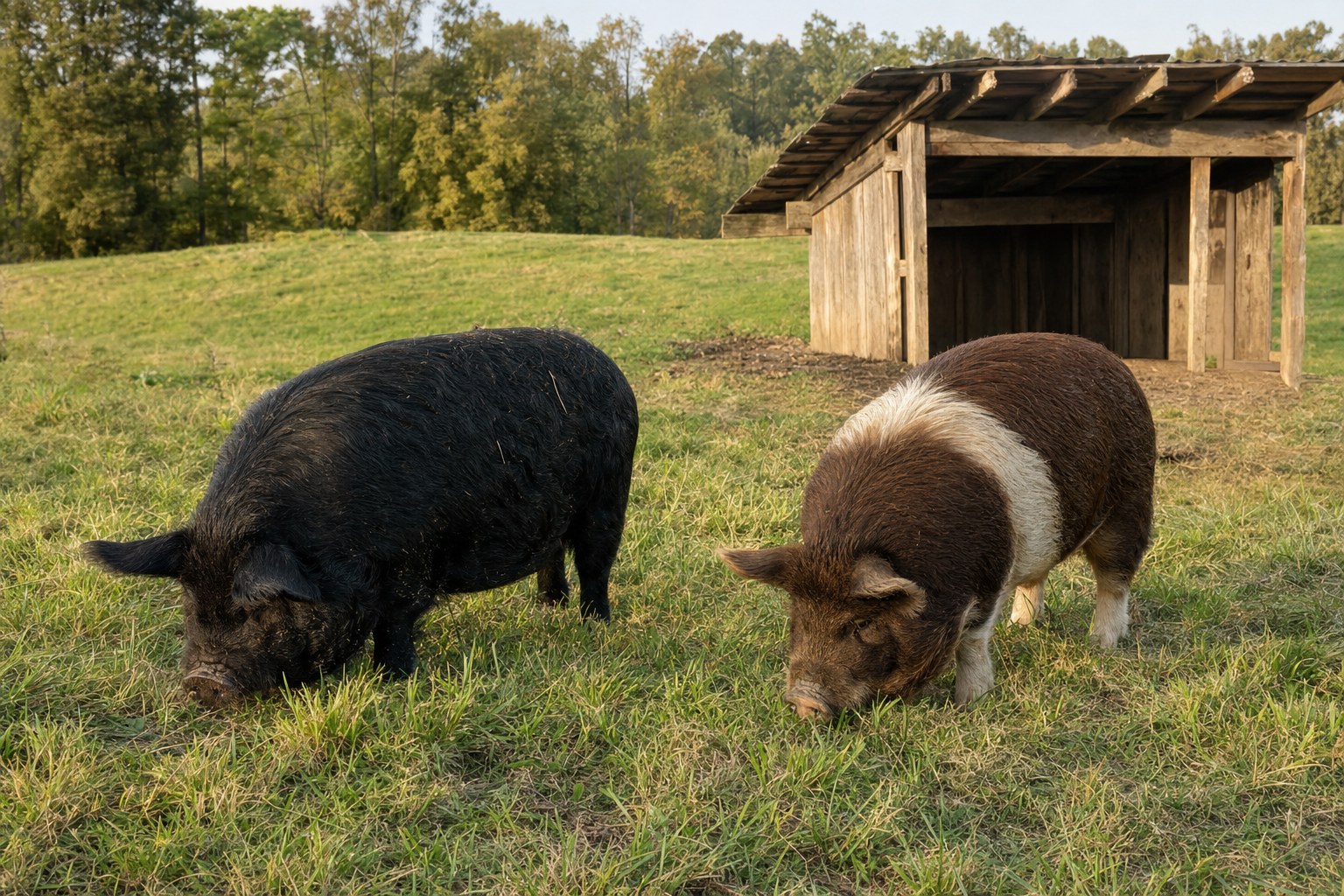 KuneKune hogs foraging in pasture beside their wooden shelter