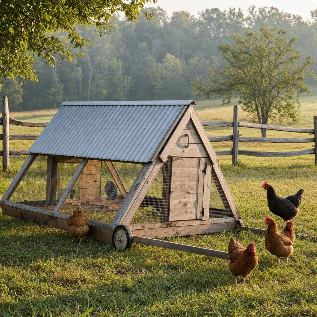 Movable chicken tractor with hens in pasture