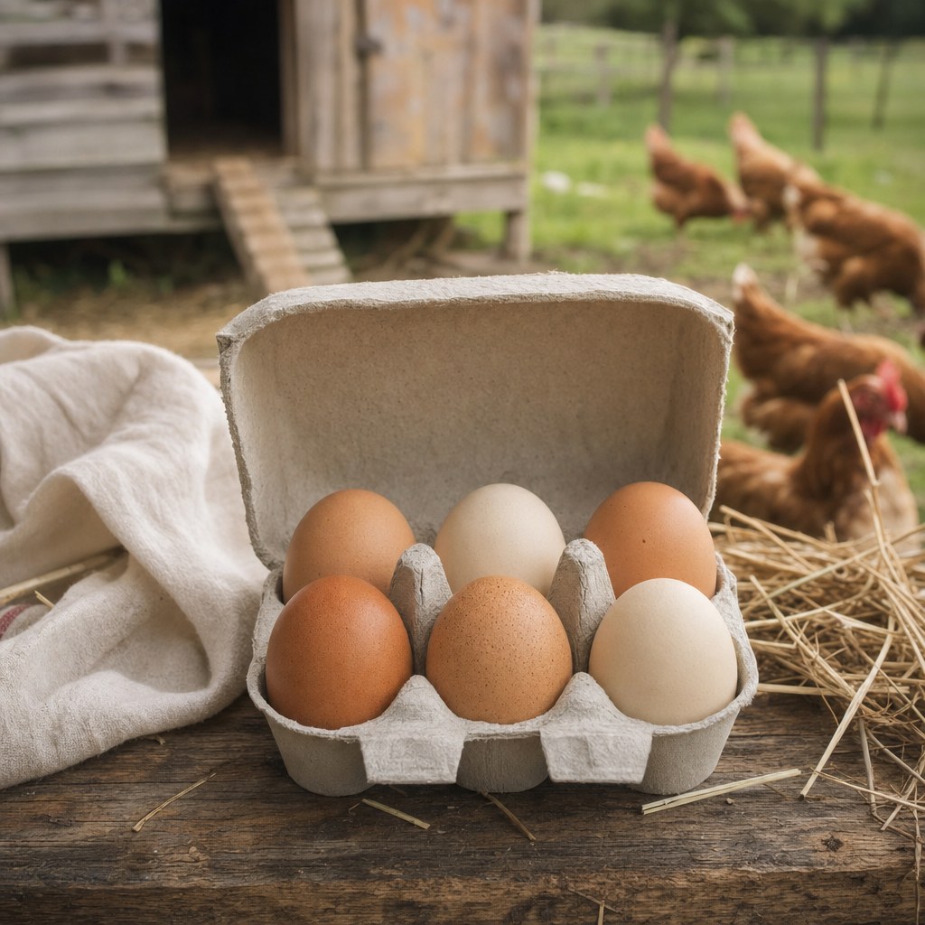 Farm eggs in an open carton beside a chicken coop