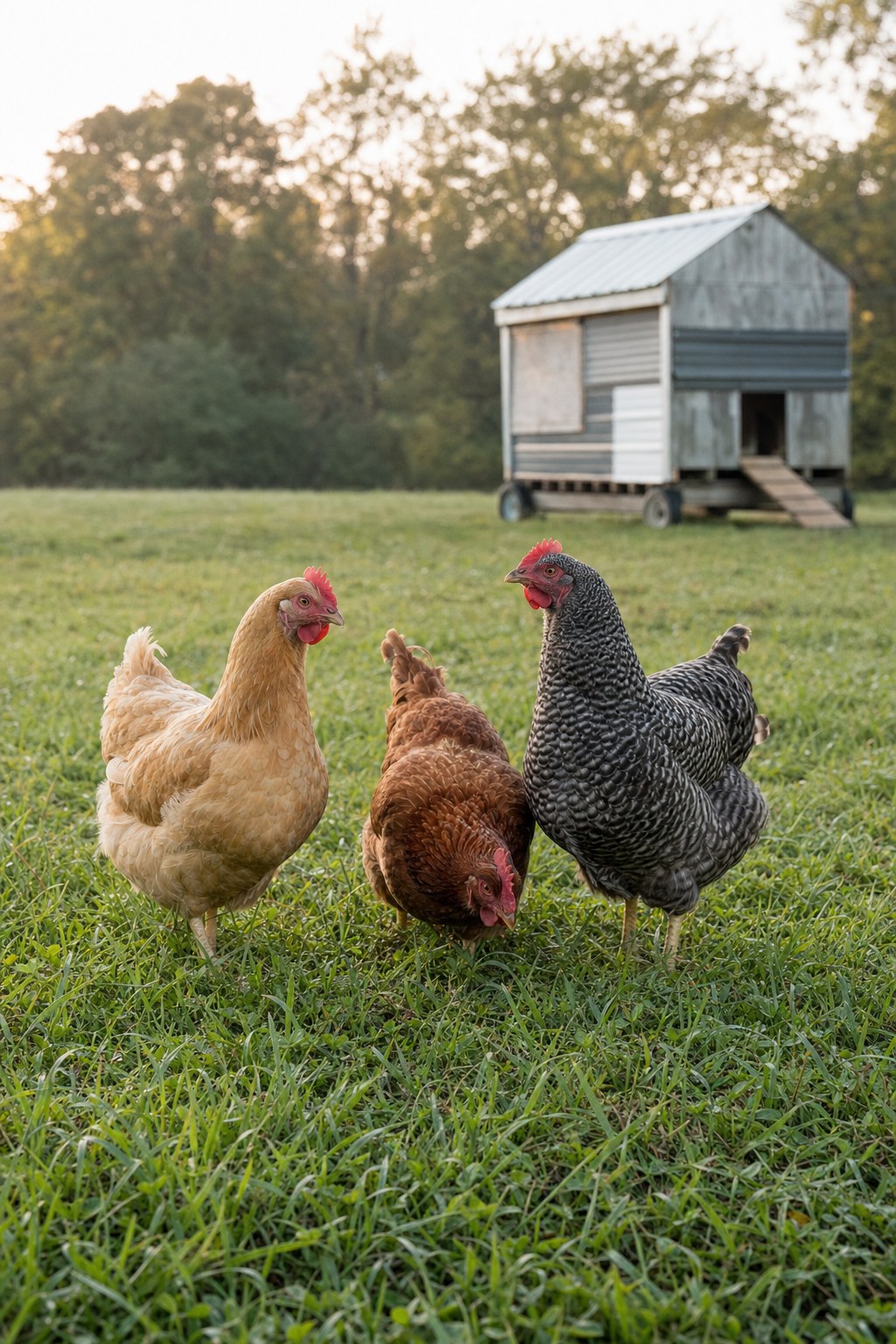 Pasture-raised hens foraging beside a movable chicken tractor