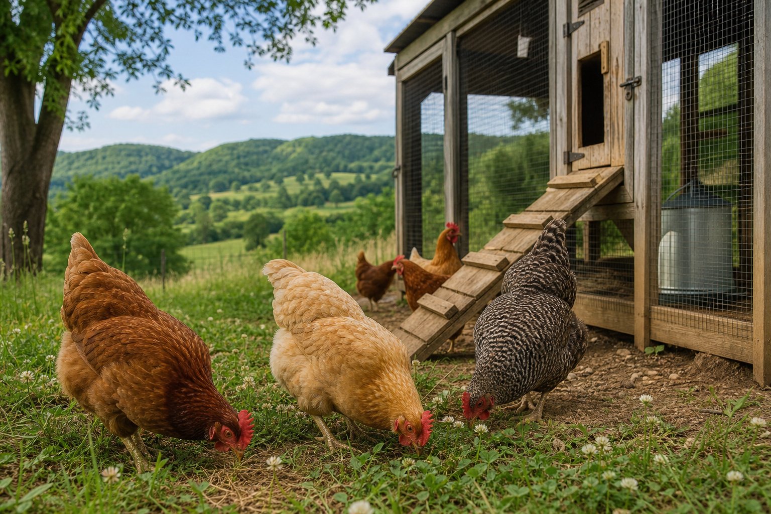 Illustration of hens foraging beside a secure wooden coop