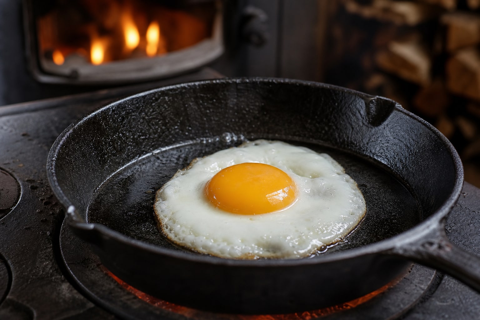 A duck egg cooking in a cast-iron skillet