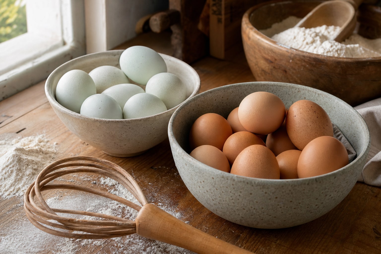 Bowls of pale duck eggs and brown chicken eggs beside flour and a whisk