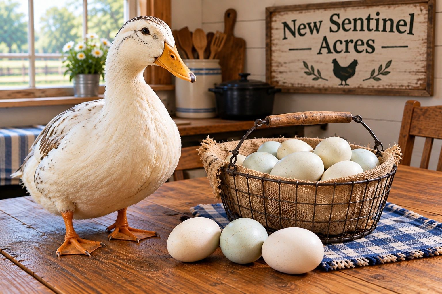 Duck eggs beside a brown duck on straw