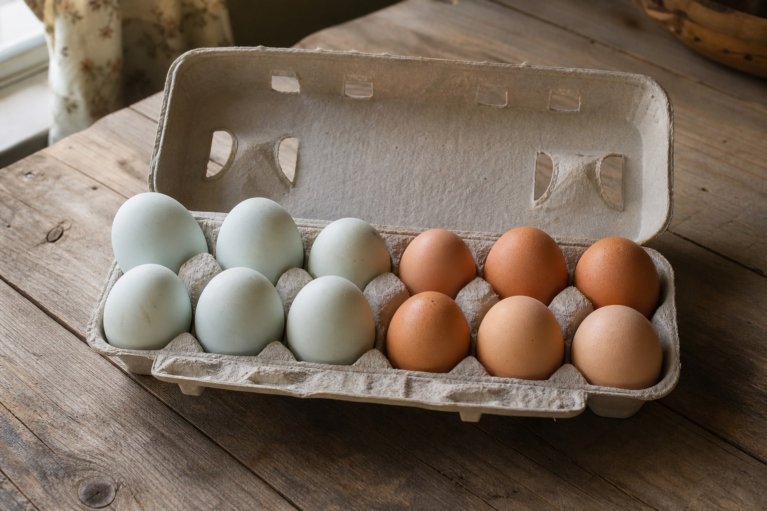 Pale duck eggs and brown chicken eggs in an open carton