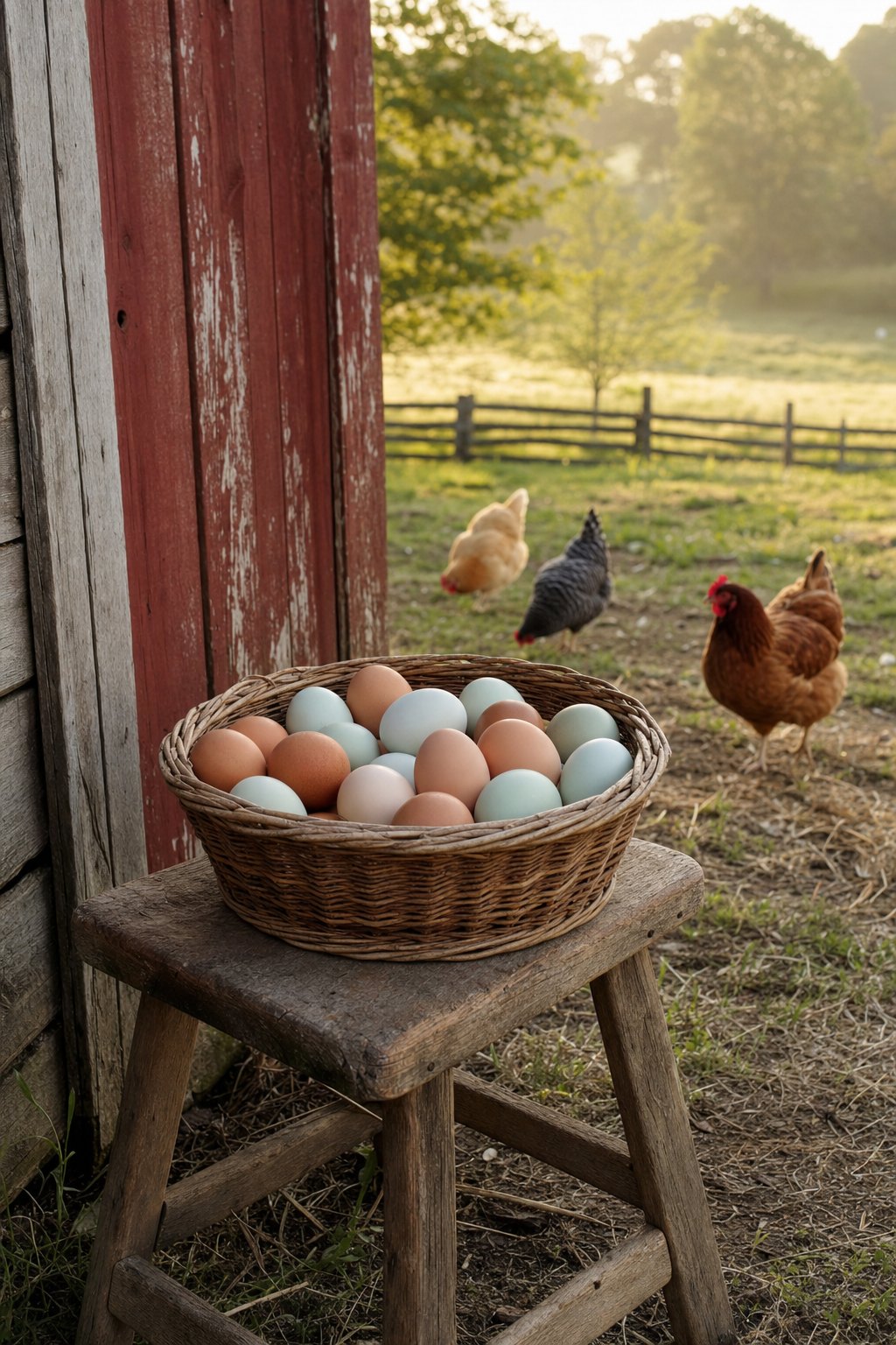 Fresh eggs in a basket beside a barn, with hens in the pasture behind