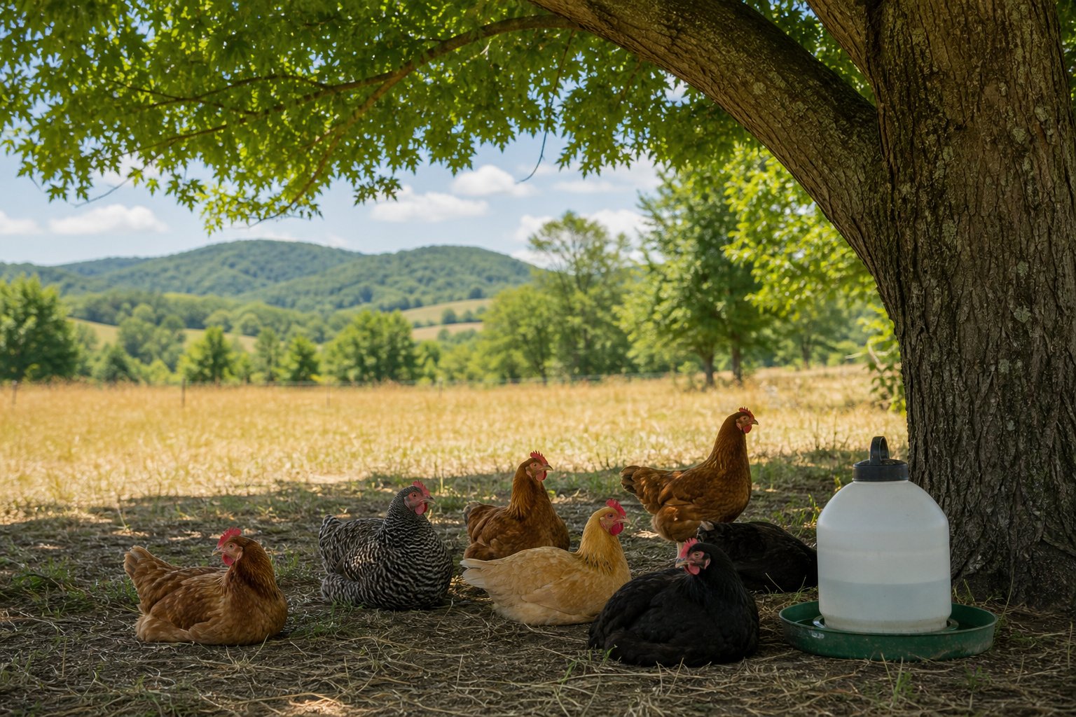 Illustration of hens resting in shade beside a poultry waterer