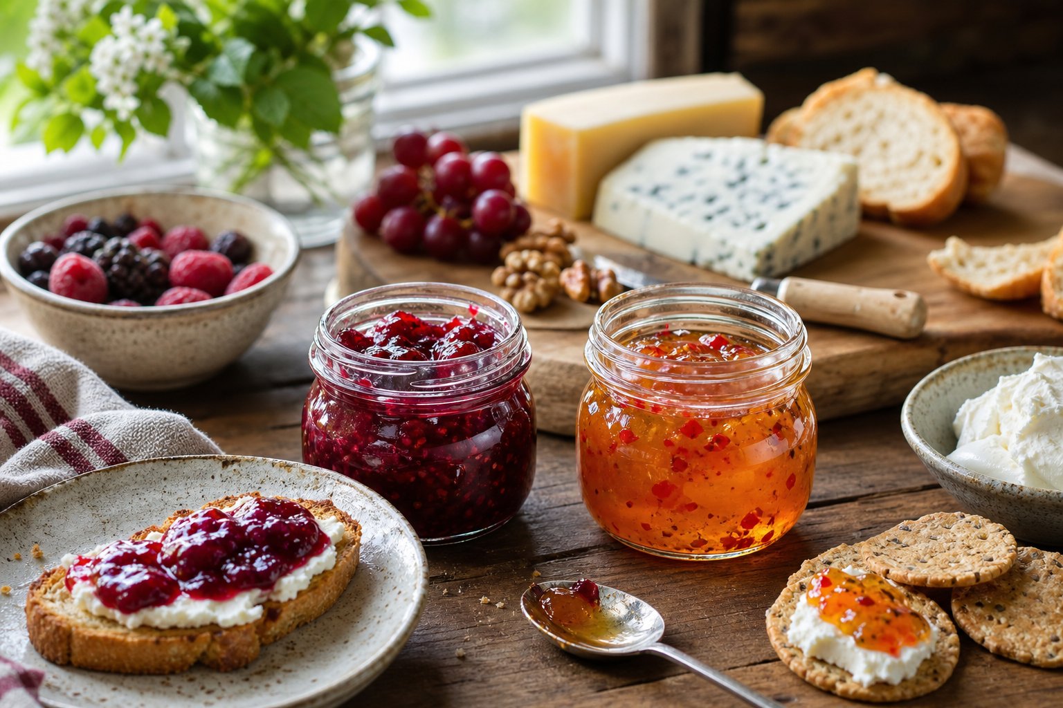 Illustration of jam and pepper jelly served with toast, crackers, and cheeses