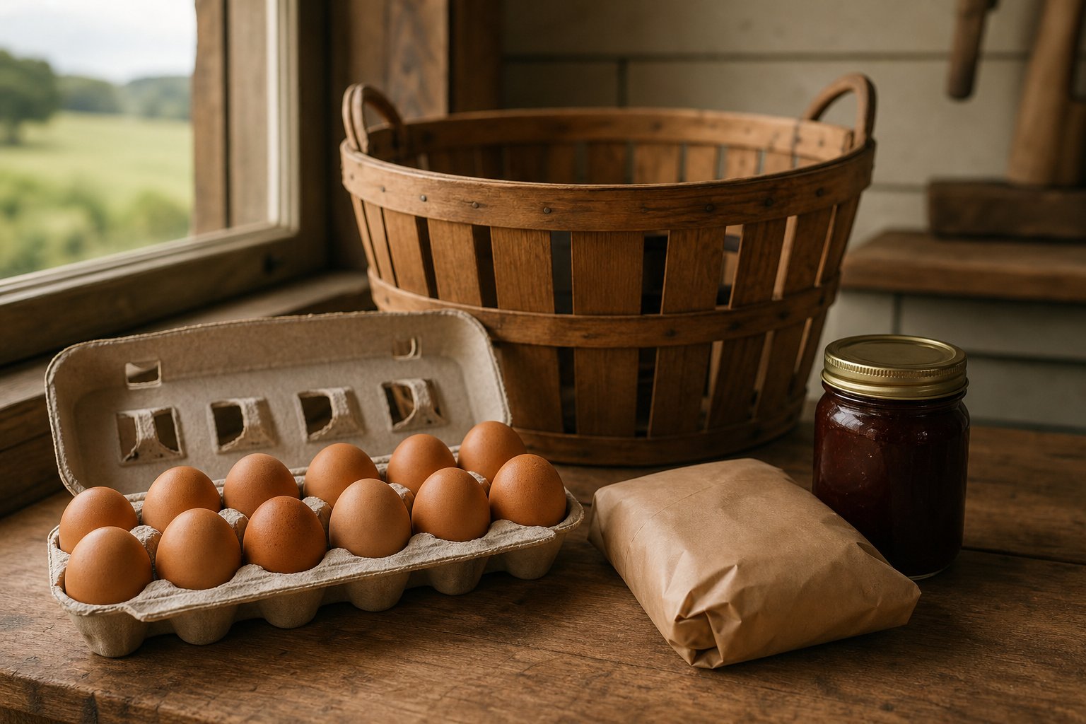 Illustration of farm eggs, a wrapped meat parcel, and a jam jar beside a basket