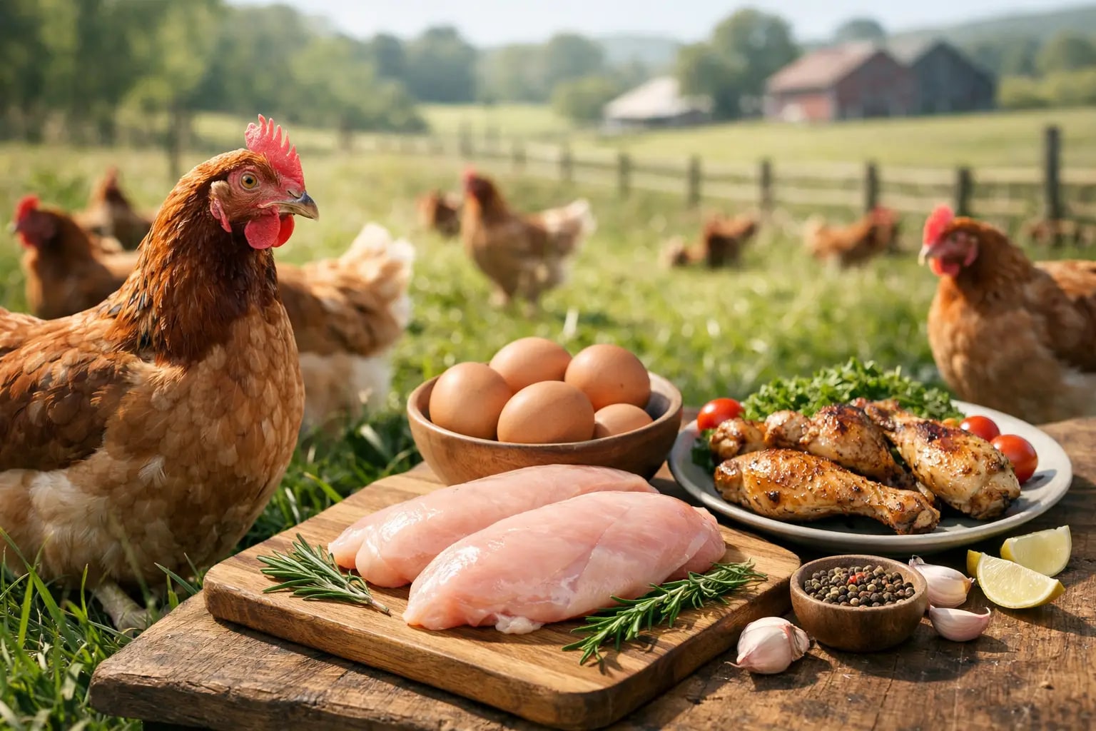 Pasture-raised hens beside a board of fresh chicken and eggs at New Sentinel Acres
