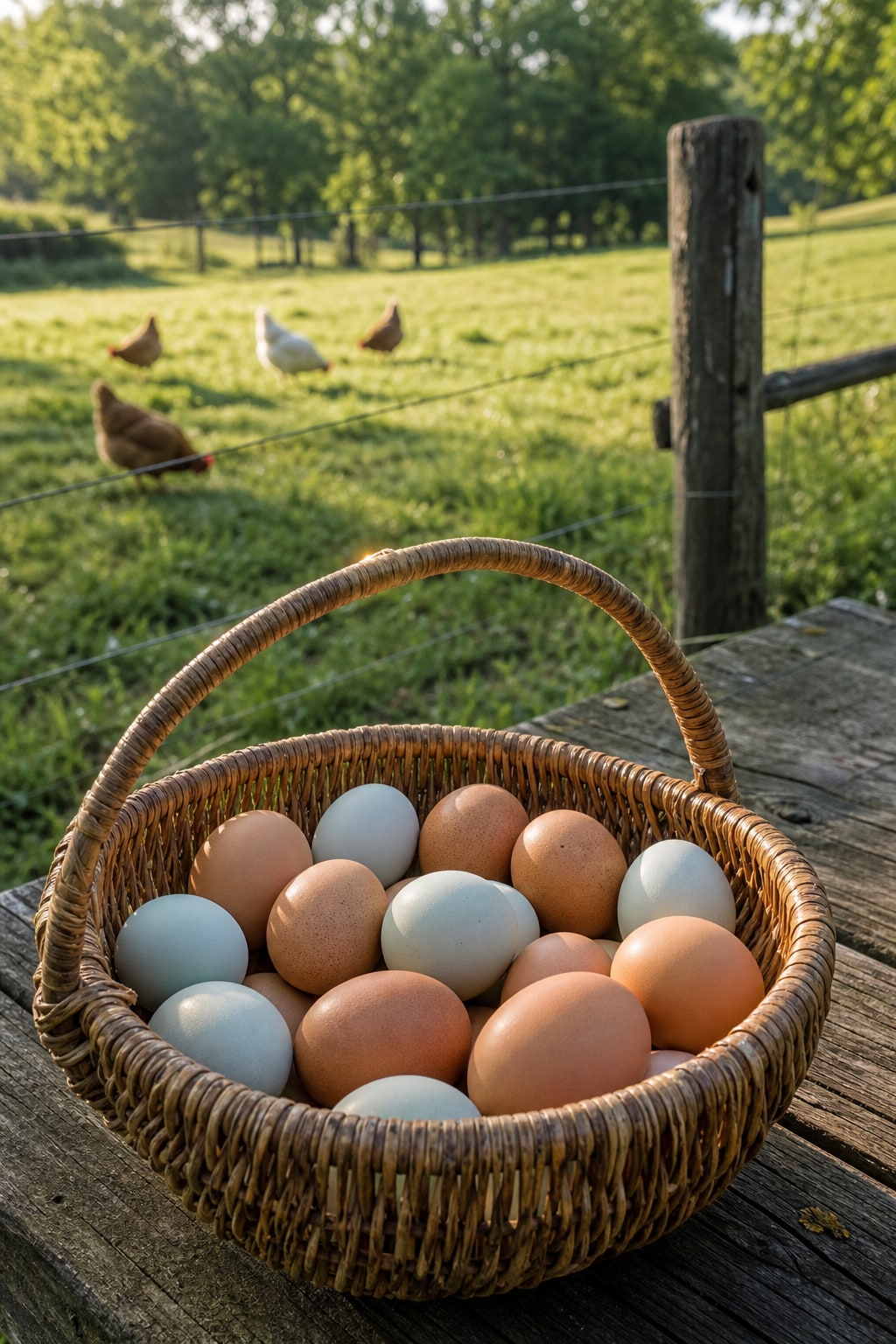 Basket of pasture-raised eggs in a sunny farm field