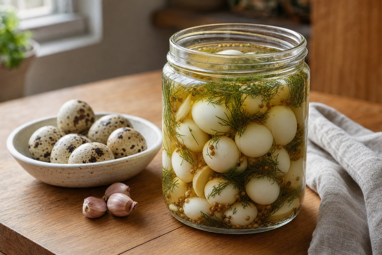 A jar of refrigerator pickled quail eggs with dill and mustard seeds