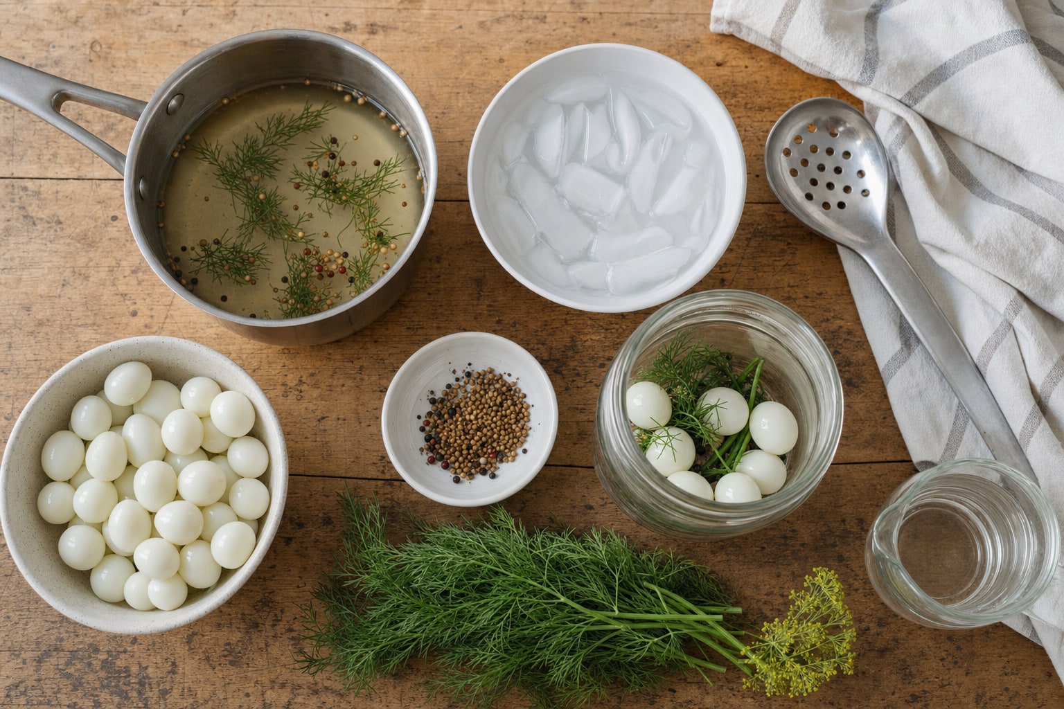 Quail eggs, ice water, vinegar brine, fresh dill, spices, and jars arranged for refrigerator pickling