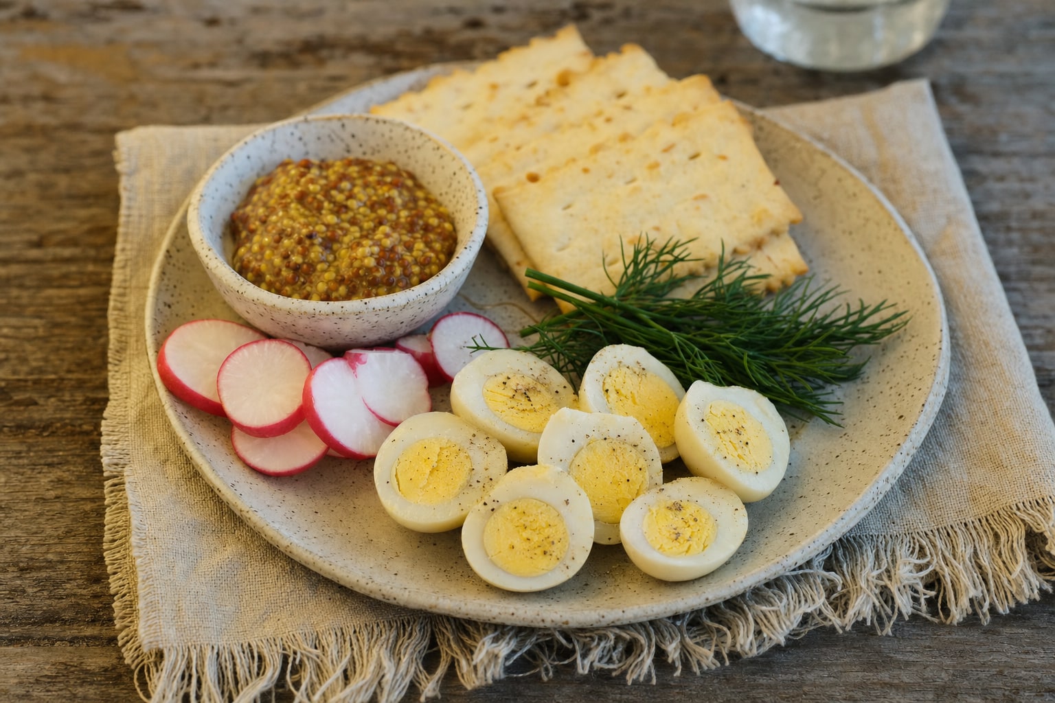Halved pickled quail eggs served with mustard, crackers, radishes, and fresh dill