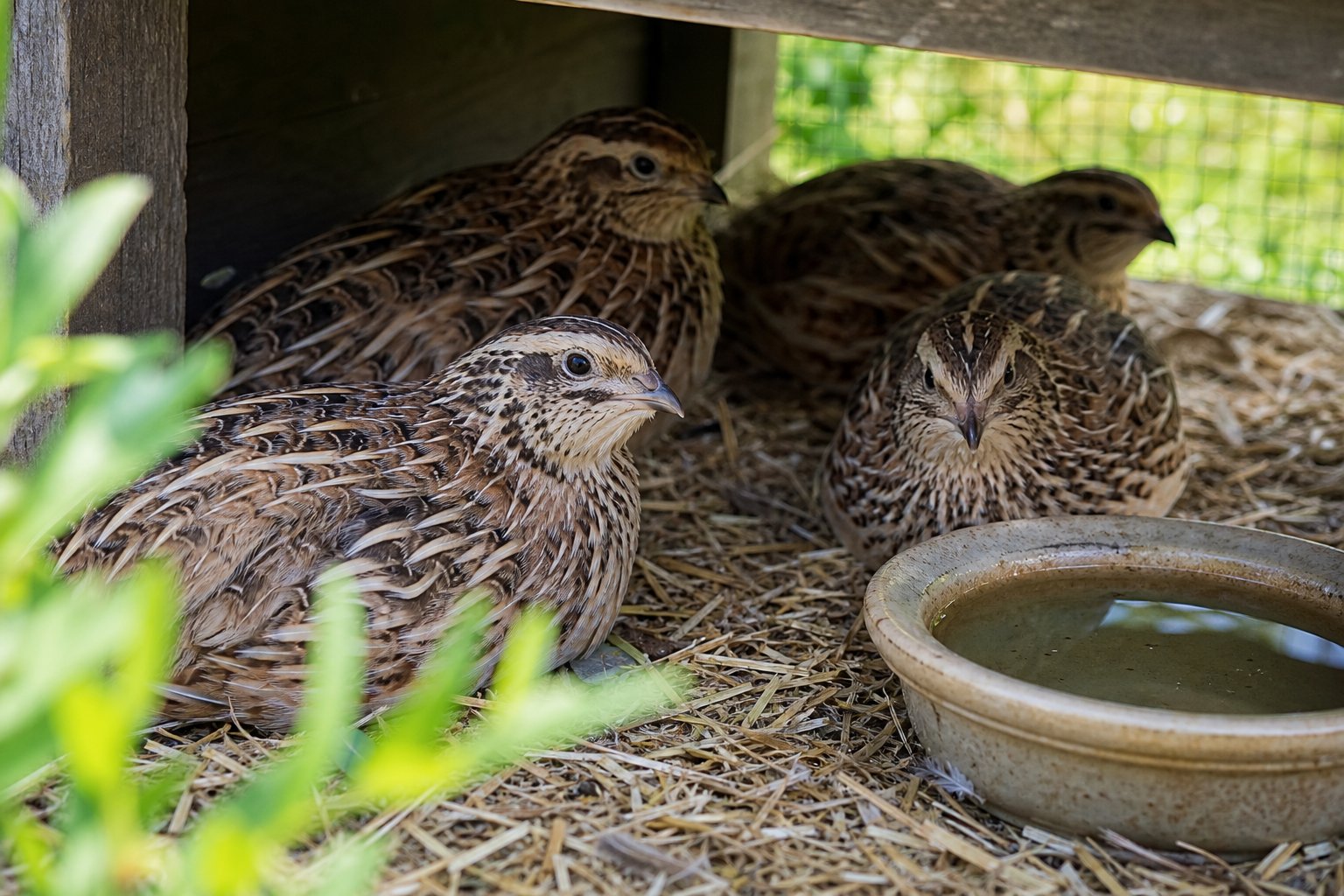 Illustration of brown Coturnix quail resting in a sheltered enclosure beside clean water