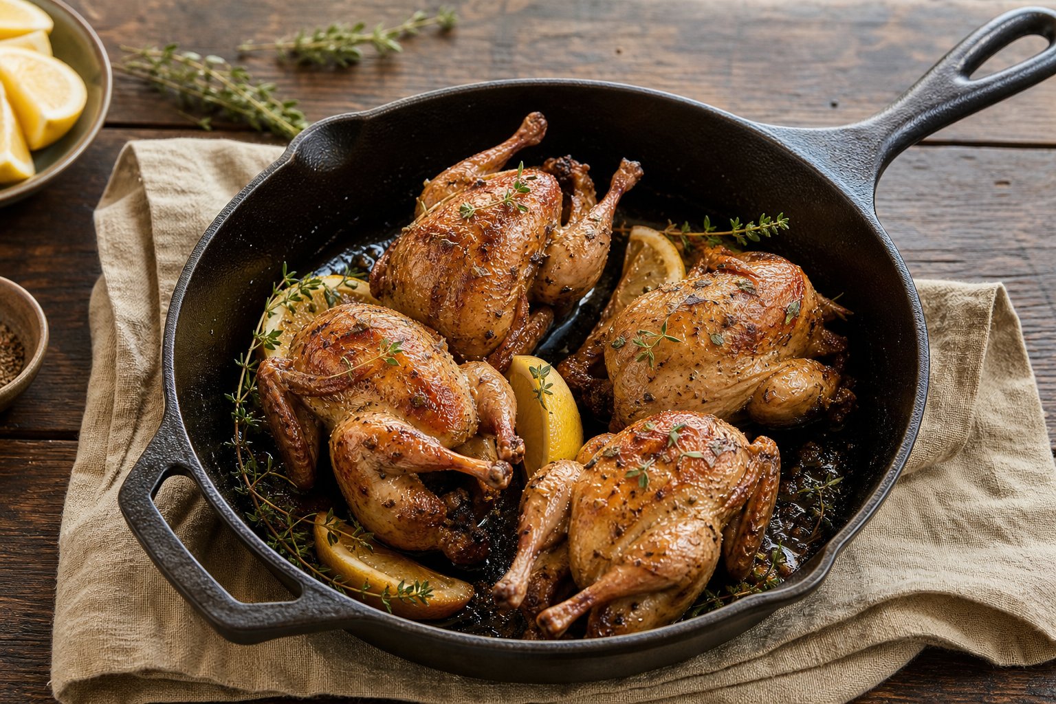 Recipe illustration of golden roasted quail in a cast-iron skillet with thyme and lemon