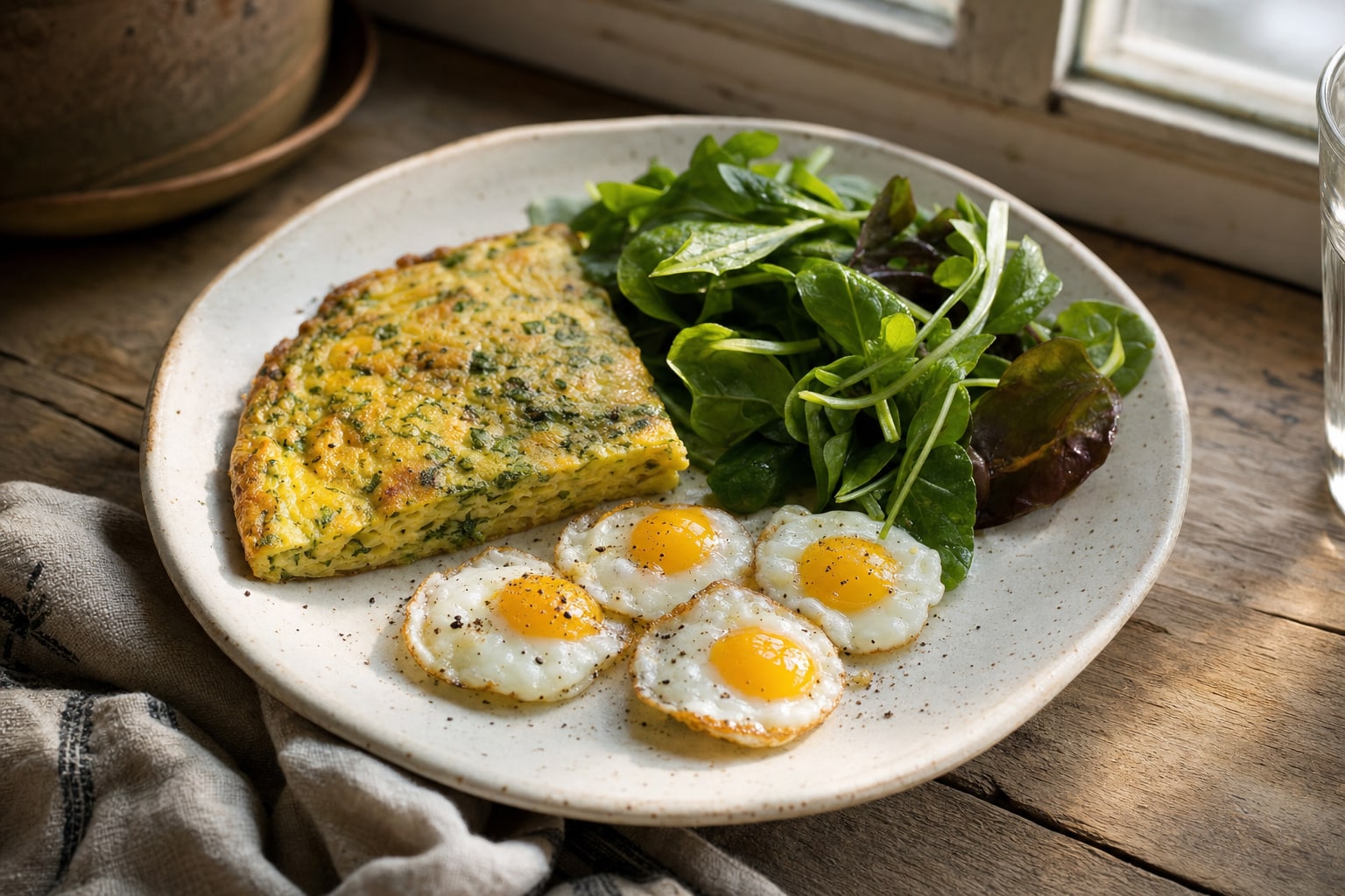 Herb omelet with sunny-side-up quail eggs and fresh greens on a ceramic plate